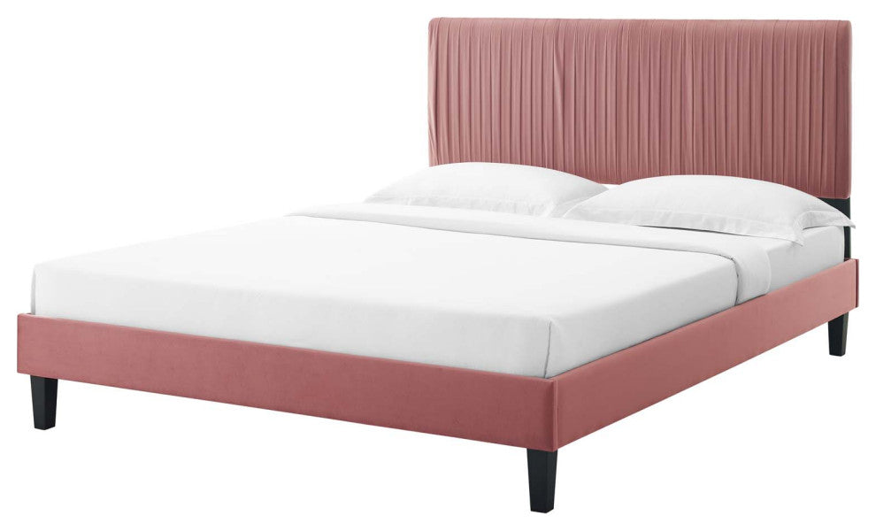 Platform Bed Frame, Twin Size, Velvet, Pink, Modern Contemporary, Bedroom Master