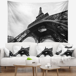 Paris Paris Eiffel Towerin Black and White Side View Wall Tapestry, 92"x78"