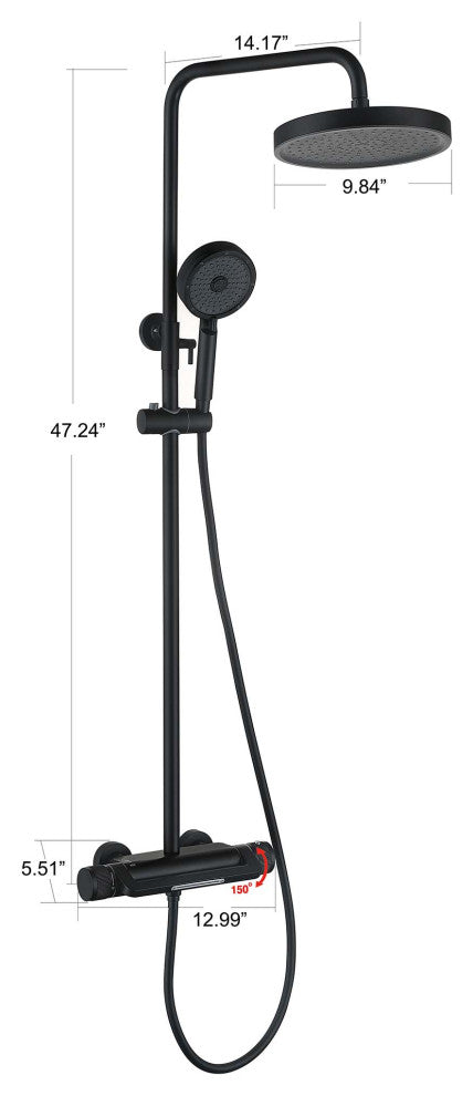 Thermostatic Wall Mounted Shower System with Multi-Function Hand Shower, Matte Black