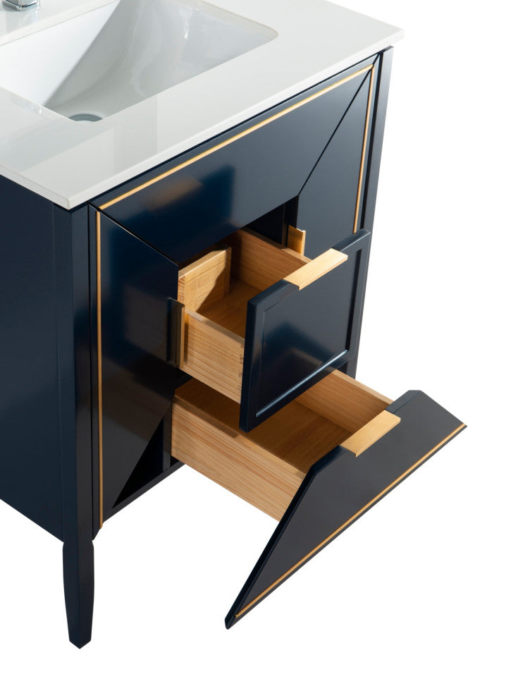 Vetro 30" Vanity With Quartz Counter Top, Gloss White, Navy Blue