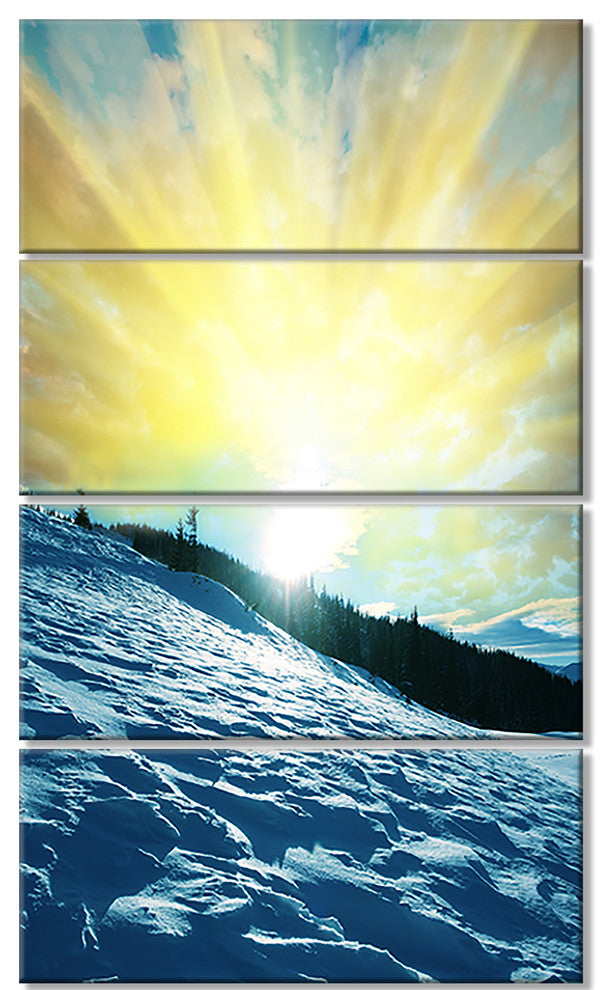 Winter with Blue Waters At Sunset, Seashore Canvas Art Print, 28"x48", 4 Panels