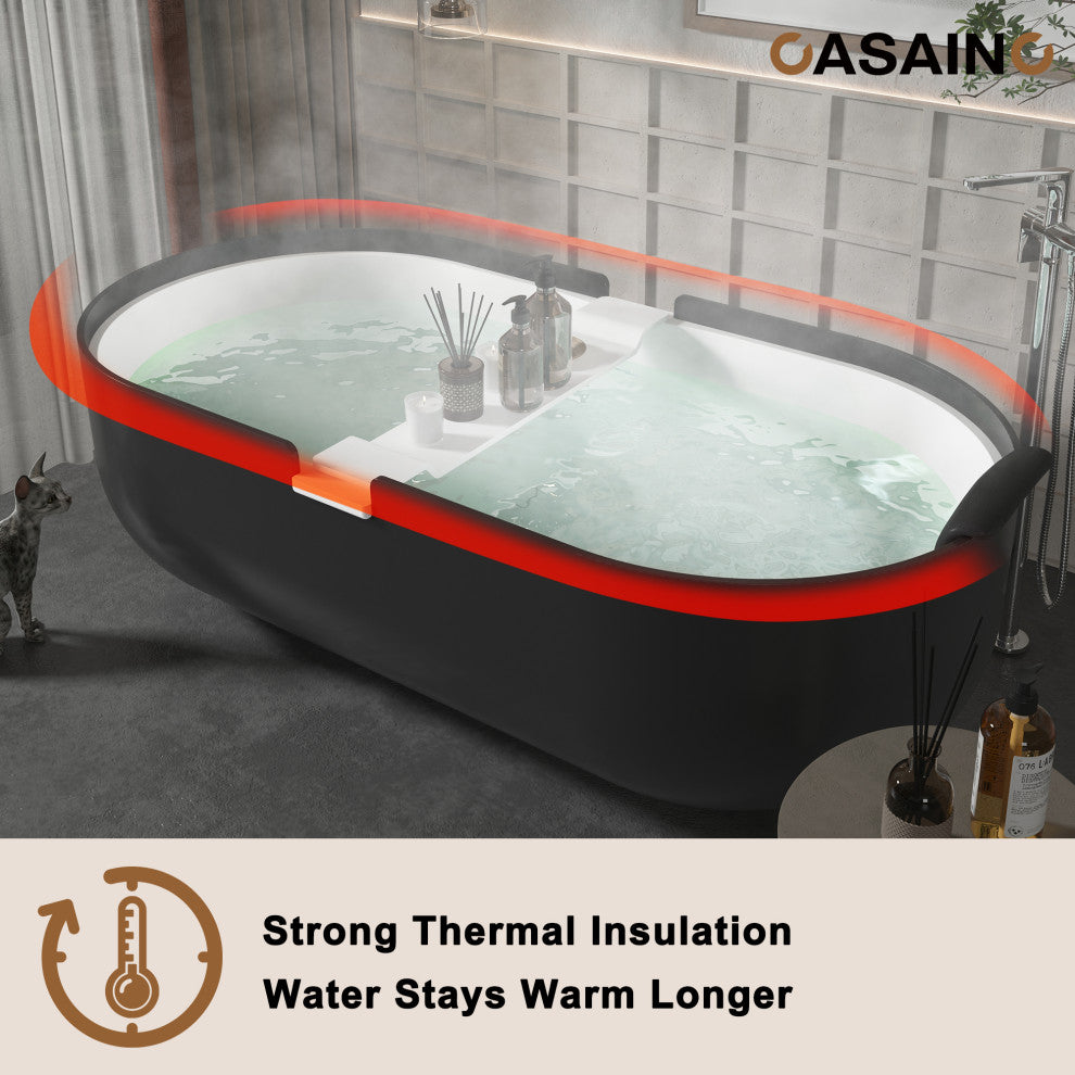 67in White Solid Surface Freestanding Soaking Bathtub with Drain, 67in