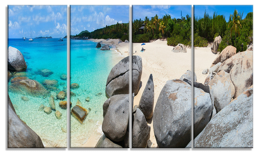 "Turquoise Ocean Water With Rocks" Modern Seascape Wall Art, 4 Panels, 48"x28"