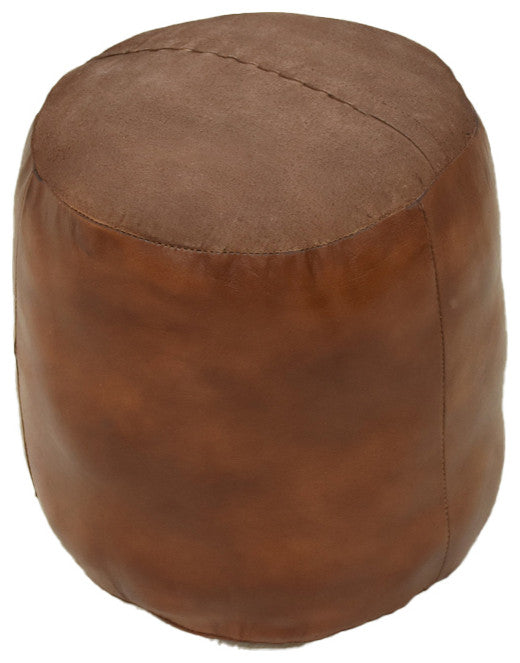 Pouf-Solid Handmade Leather Pouf (Recycled Foam with Fiber Fill), Light Brown, {Round]14x14x14