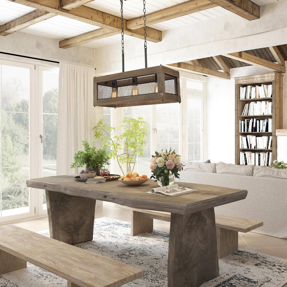 3-Ligths Matte Black Farmhouse Linear LED Kitchen Island Wooden Chandeliers