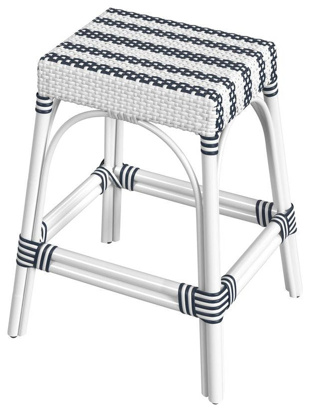 Company Robias Rectangular Rattan 24.5 Counter Stool, White and Navy Stripe