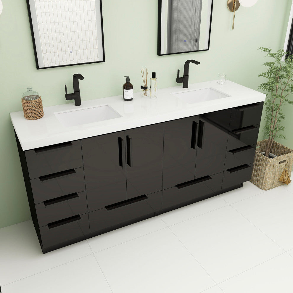 Carla 72" Freestanding Bathroom Vanity With Double Sink, Gloss Black