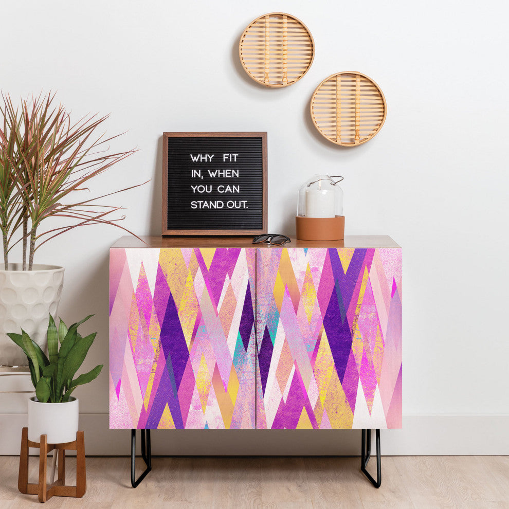 Deny Designs Geo Summer Credenza, Walnut, Black Steel legs