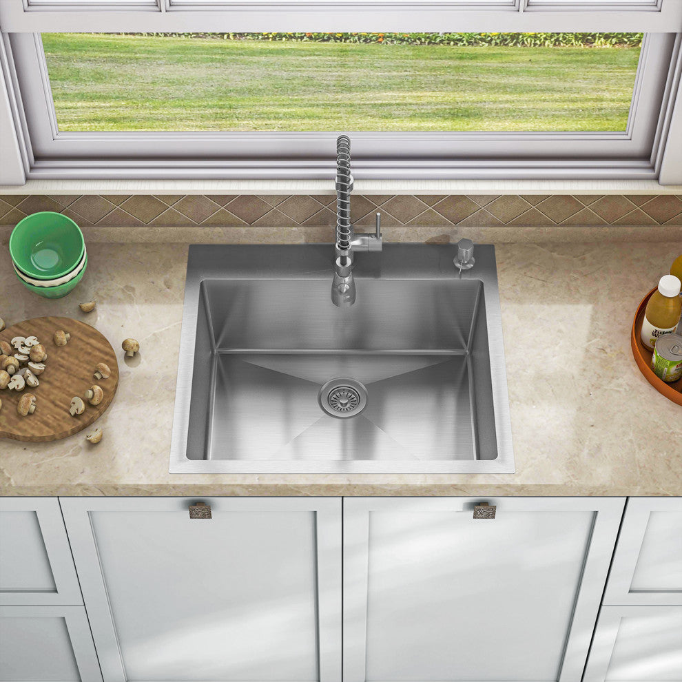Sinber Single Bowl Kitchen Sink with 304 Stainless Steel Satin Finish, 25"x22"x9", Drop in