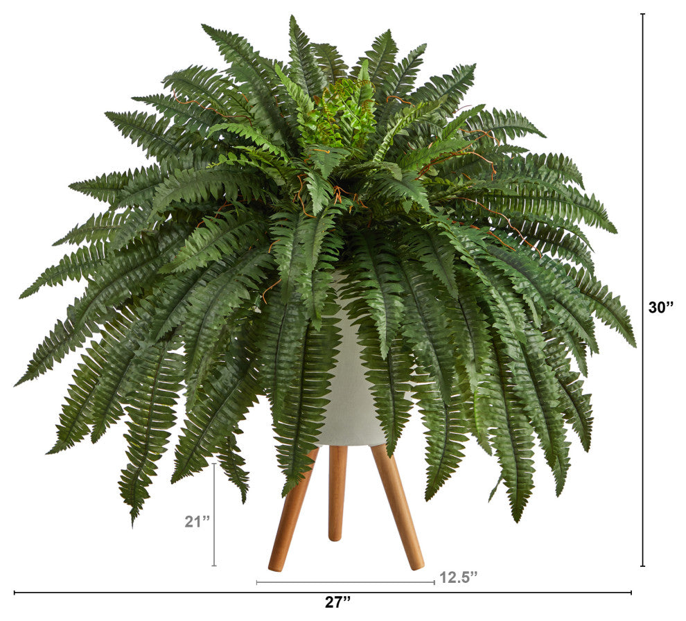 2.5' Boston Fern Artificial Plant, White Planter With Legs
