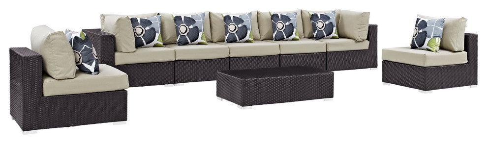 Modway Convene 8 Piece Outdoor Patio Sectional Set, Espresso Beige