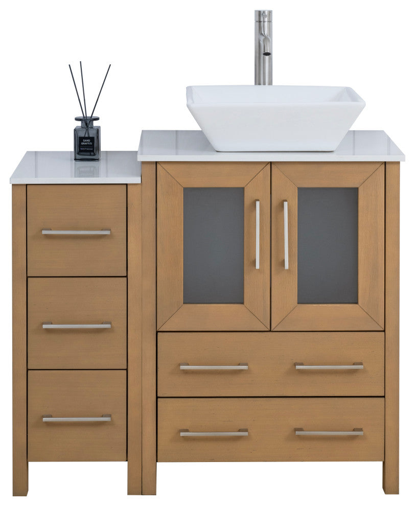 Vanity Art Bathroom Vanity Set With Sink, Natural Oak, 36", Standard Mirror