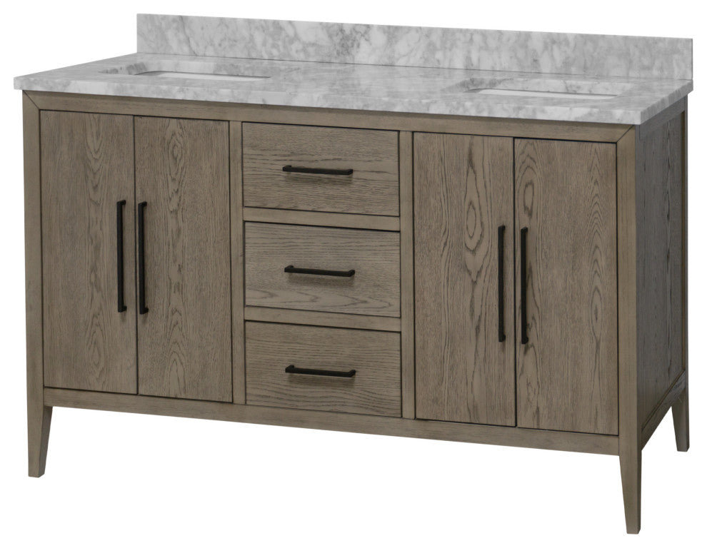 Parisian 60" Bathroom Vanity, Gray Oak, Carrara Marble, Double