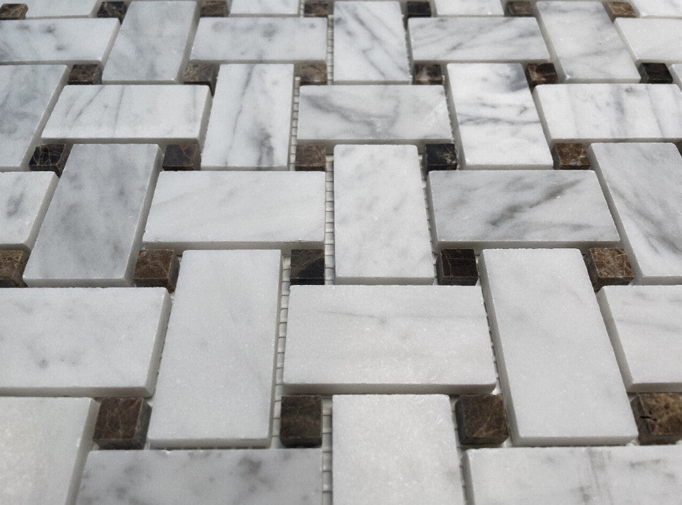 Carrara Venato Marble 1x2 Basketweave Mosaic Tile Brown Dots Honed, 1 sheet