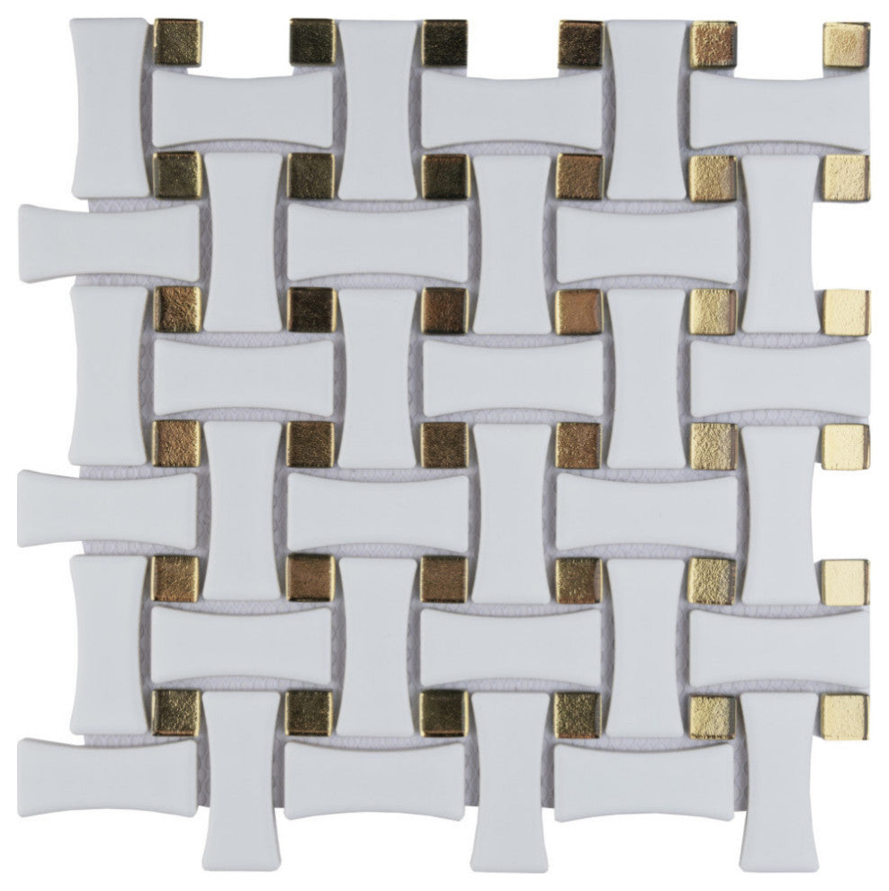 Metro Dog Bone Basketweave With Glass Gold Dot Porcelain Mosaic Wall Tile Sample