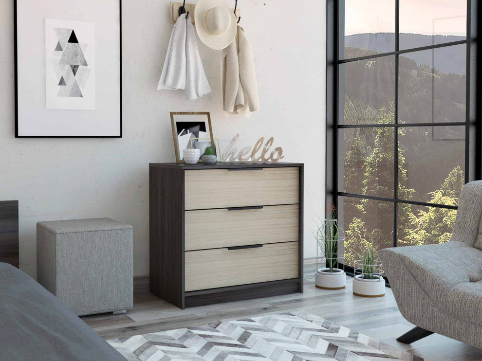 Washington 3 Drawer Dresser with Metal Handles, Black/Light Oak