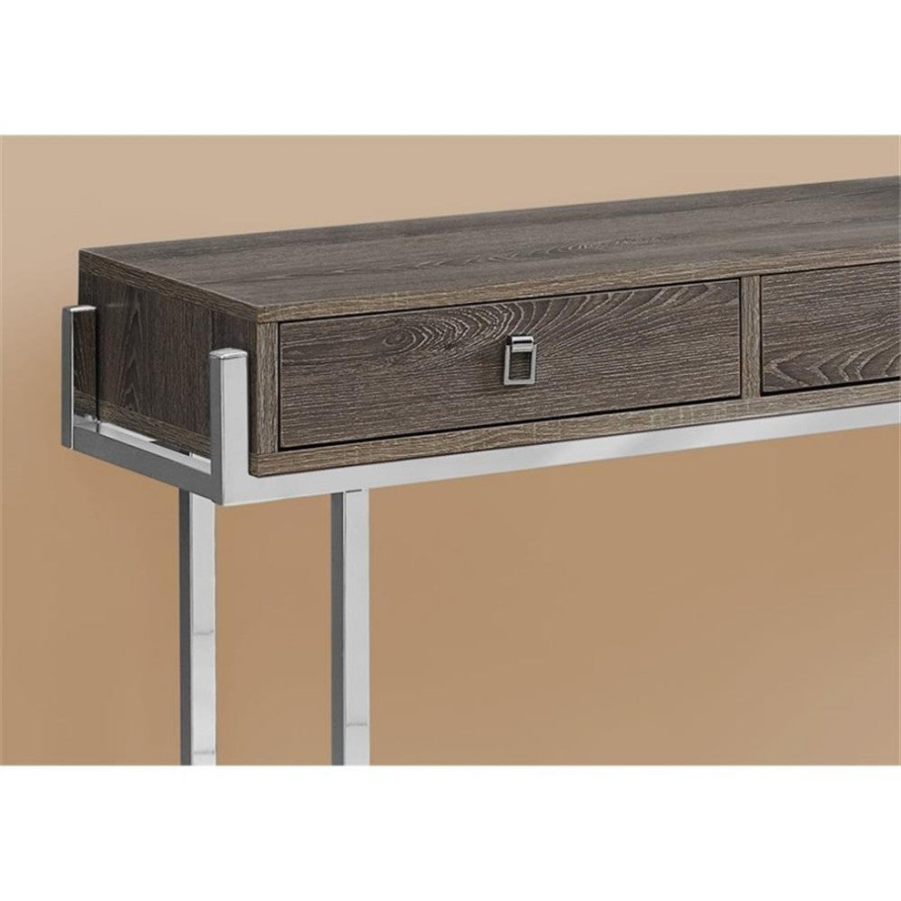 Accent Table, Narrow, Sofa, Storage Drawer, Metal, Laminate, Brown, Chrome