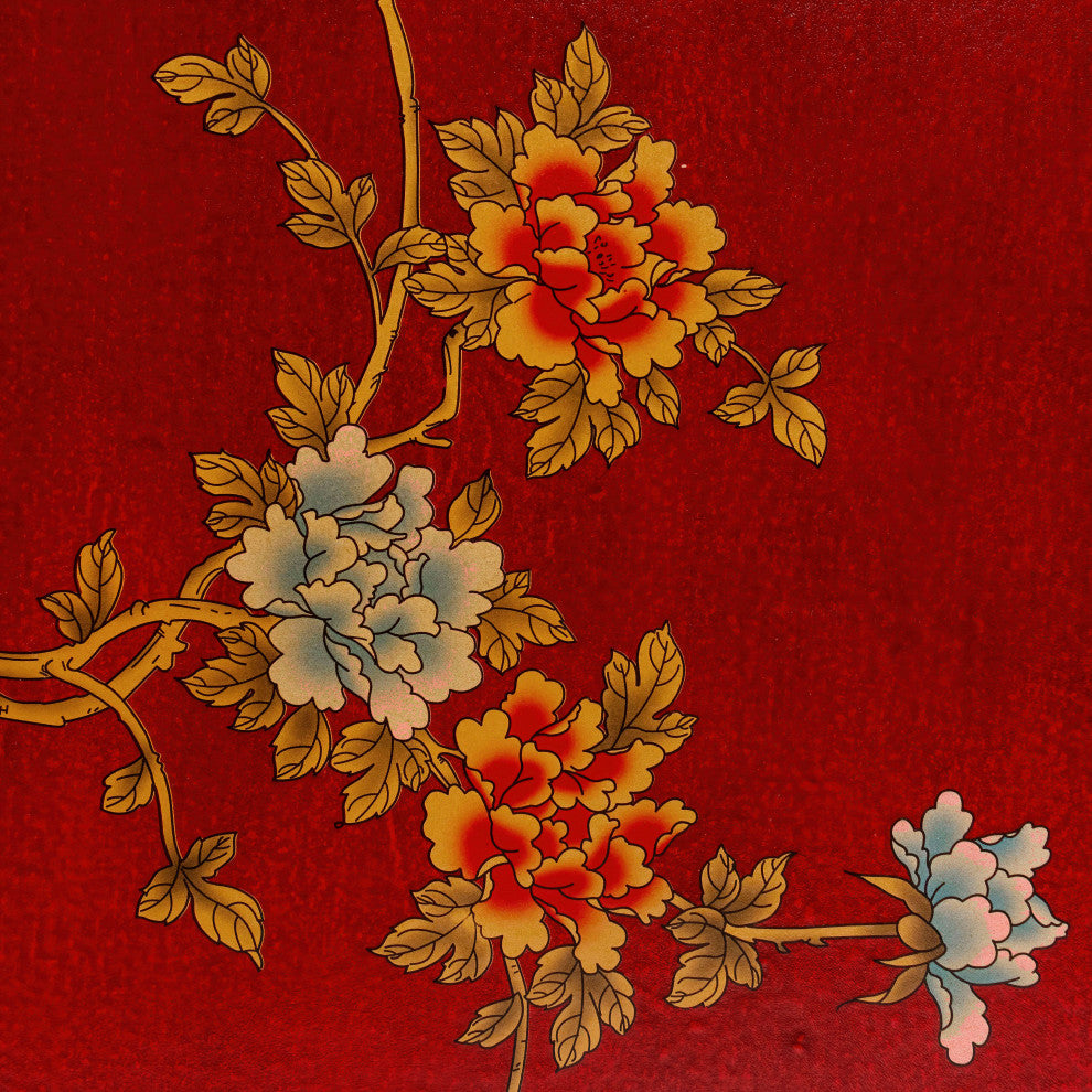 Other: close-up floral detail on red lacquer.