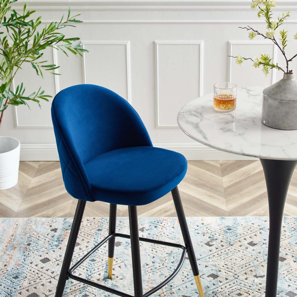 Bar Stool Chair Barstool, Set of 2, Velvet, Metal, Blue Navy, Modern, Bar Pub