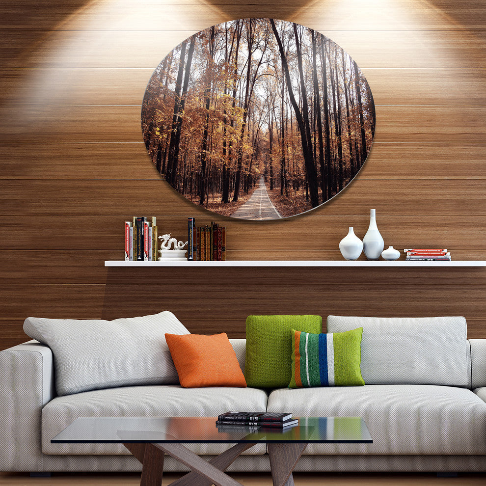 Road In Autumn Golden Forest, Forest Round Metal Wall Art, 11"