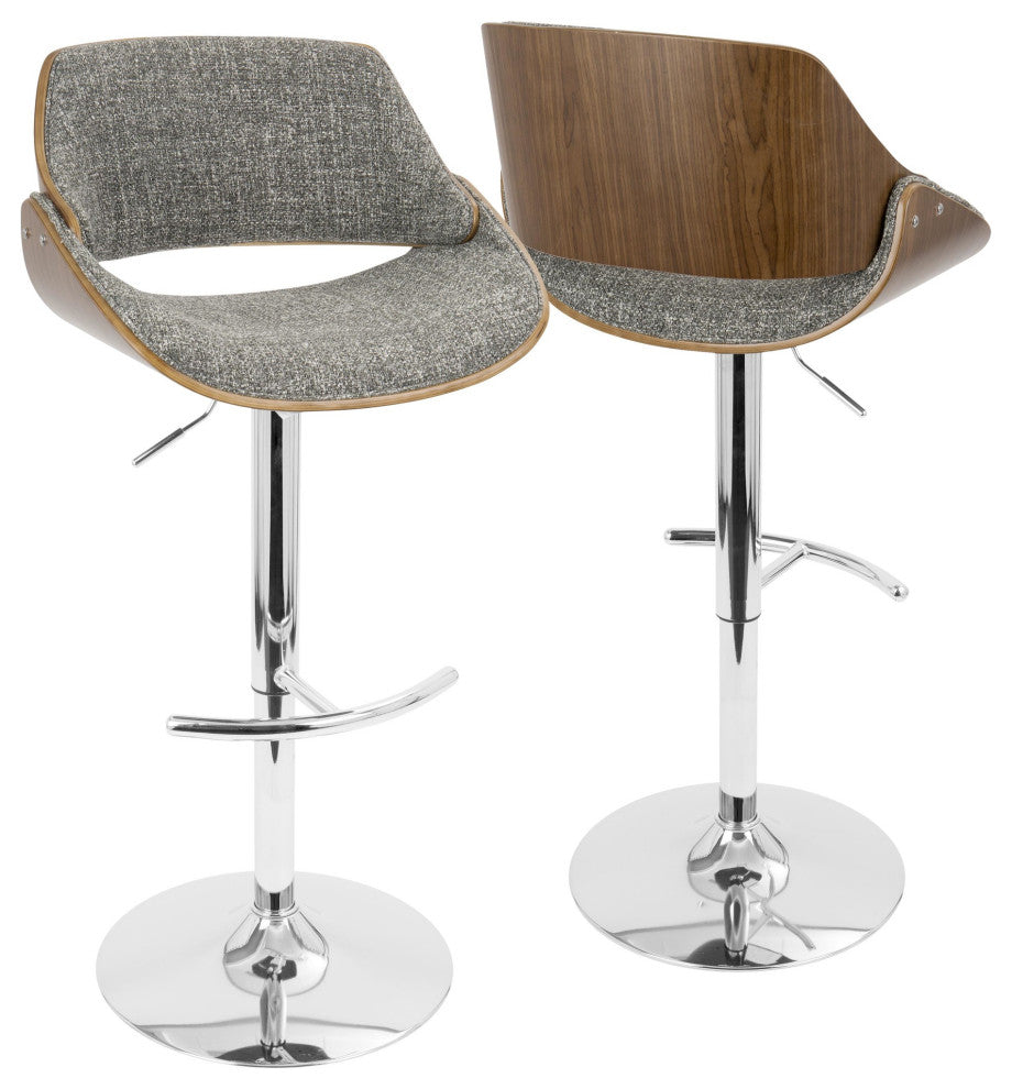 Fabrizzi Adjustable Barstool, Set of 2, Chrome, Walnut Wood, Gray Falseise