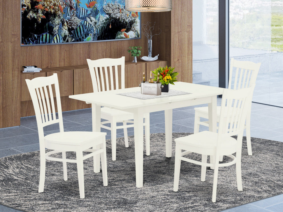 5Pc Wood Dinette Set 4 Dining Chairs, Butterfly Leaf Dining Table, Linen White