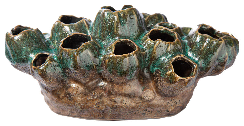Ceramic Clustered Vase with Banded Bottom Distressed Moss Green Finish