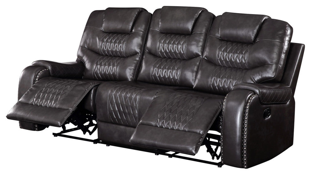 Benzara BM251077 Motion Sofa, Leatherette Upholstery/Diamond Tufts, Dark Gray