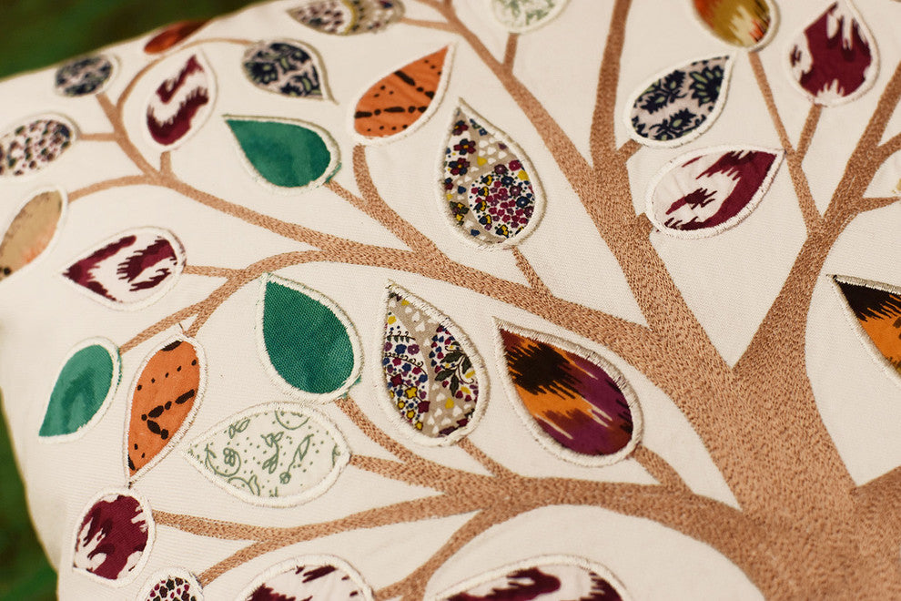 White Tree of Life Decorative Pillow Cover Cotton Applique Work Designs 18x18"