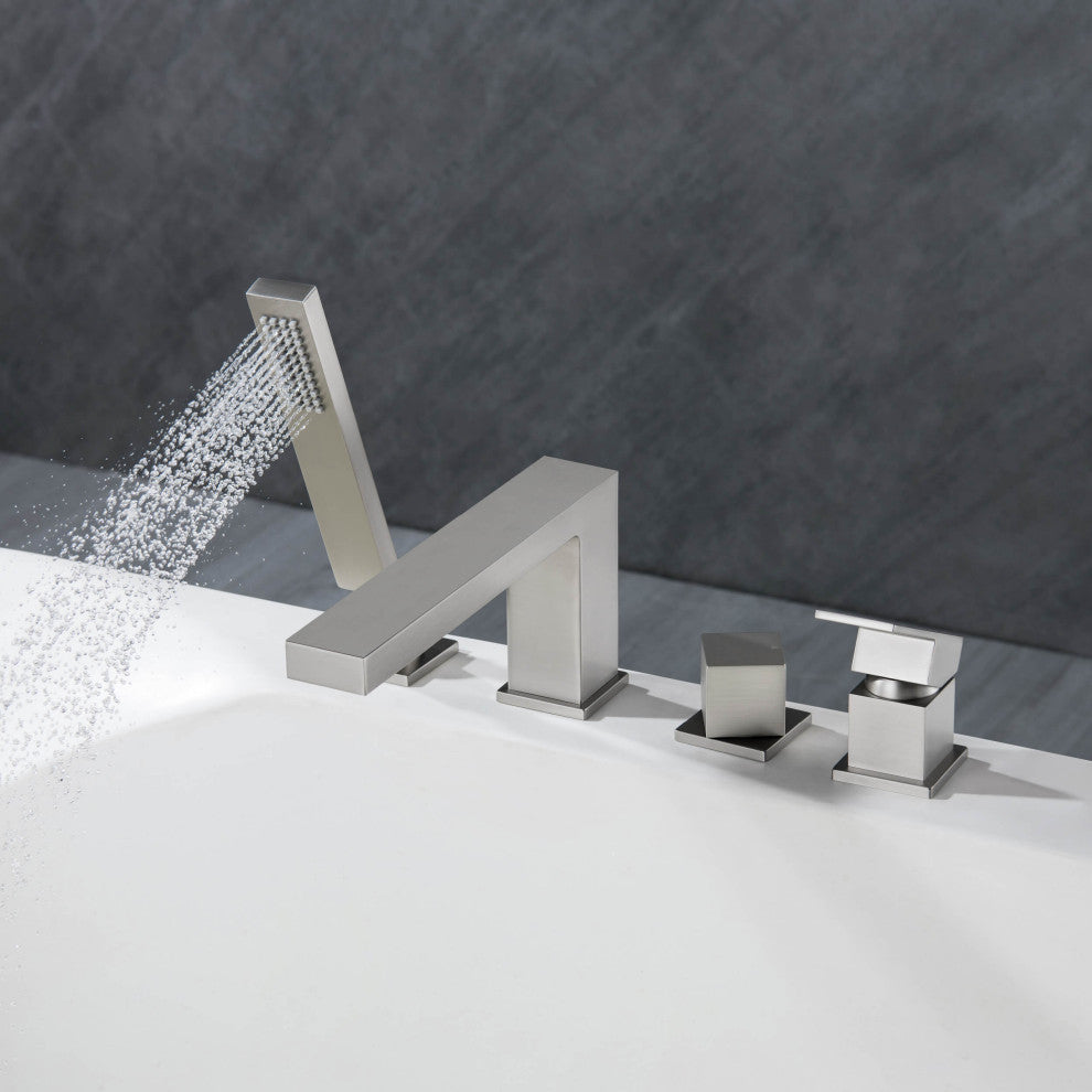 Cube Deck Mounted Bathtub Faucet With Hand Shower, Brushed Nickel