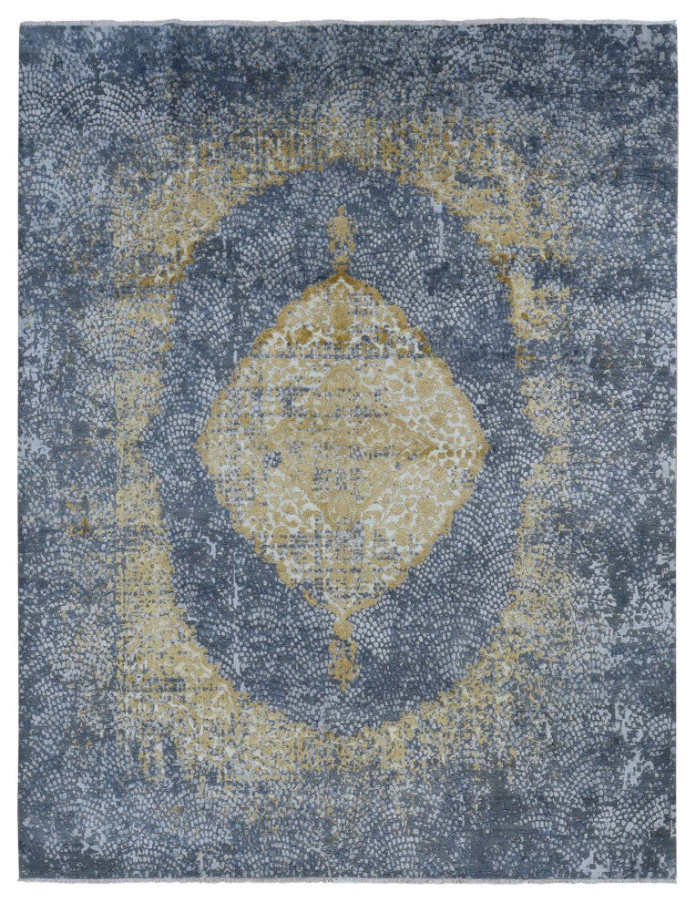 Carbon Gray Persian Medallion Design Wool and Silk Hand Knotted Rug 9'x11'10"