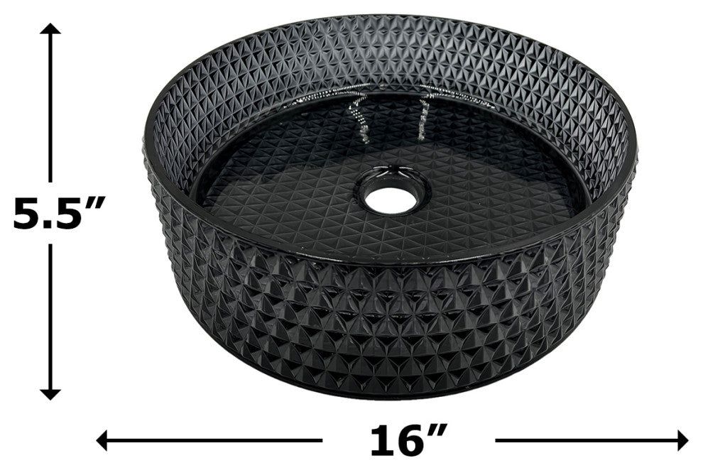 CastelloUSA Scotch Round Glass Crystal Bathroom Vessel Sink Basin, Black, 16"
