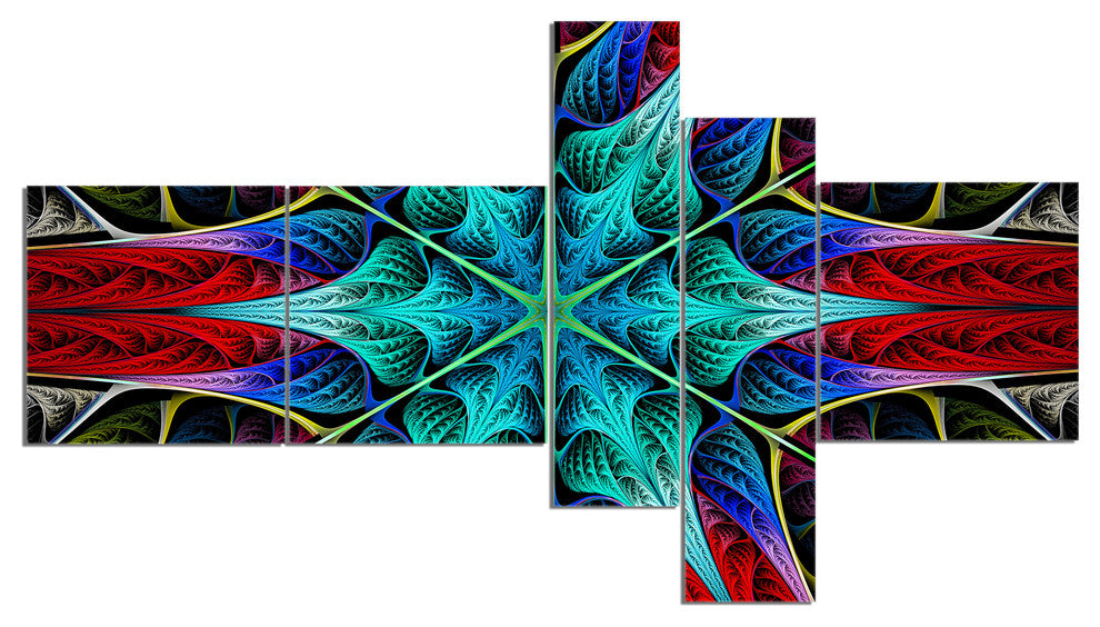Glowing Fractal Flower Layers, Abstract Canvas Art Print, 60"x32", 5 panels