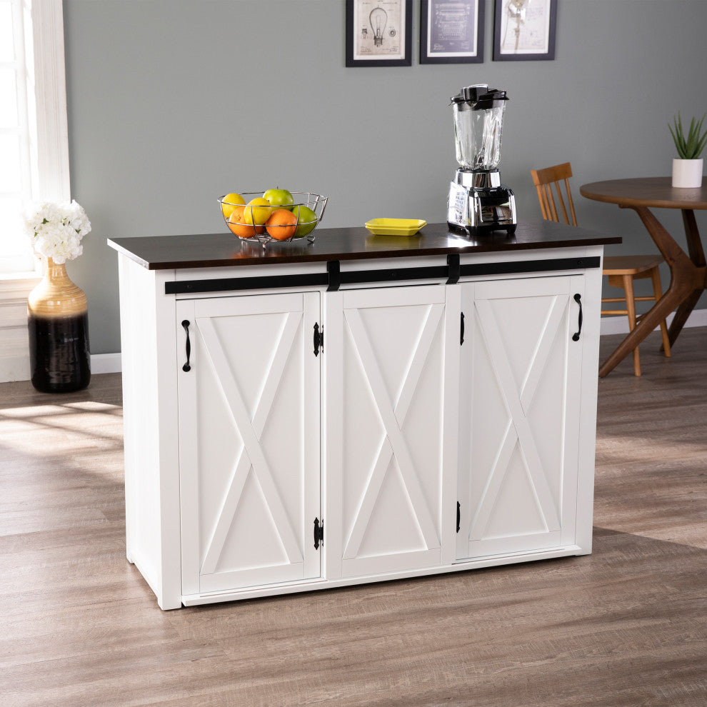 Lenton Barn-Door Kitchen Island, Dark Brown and White