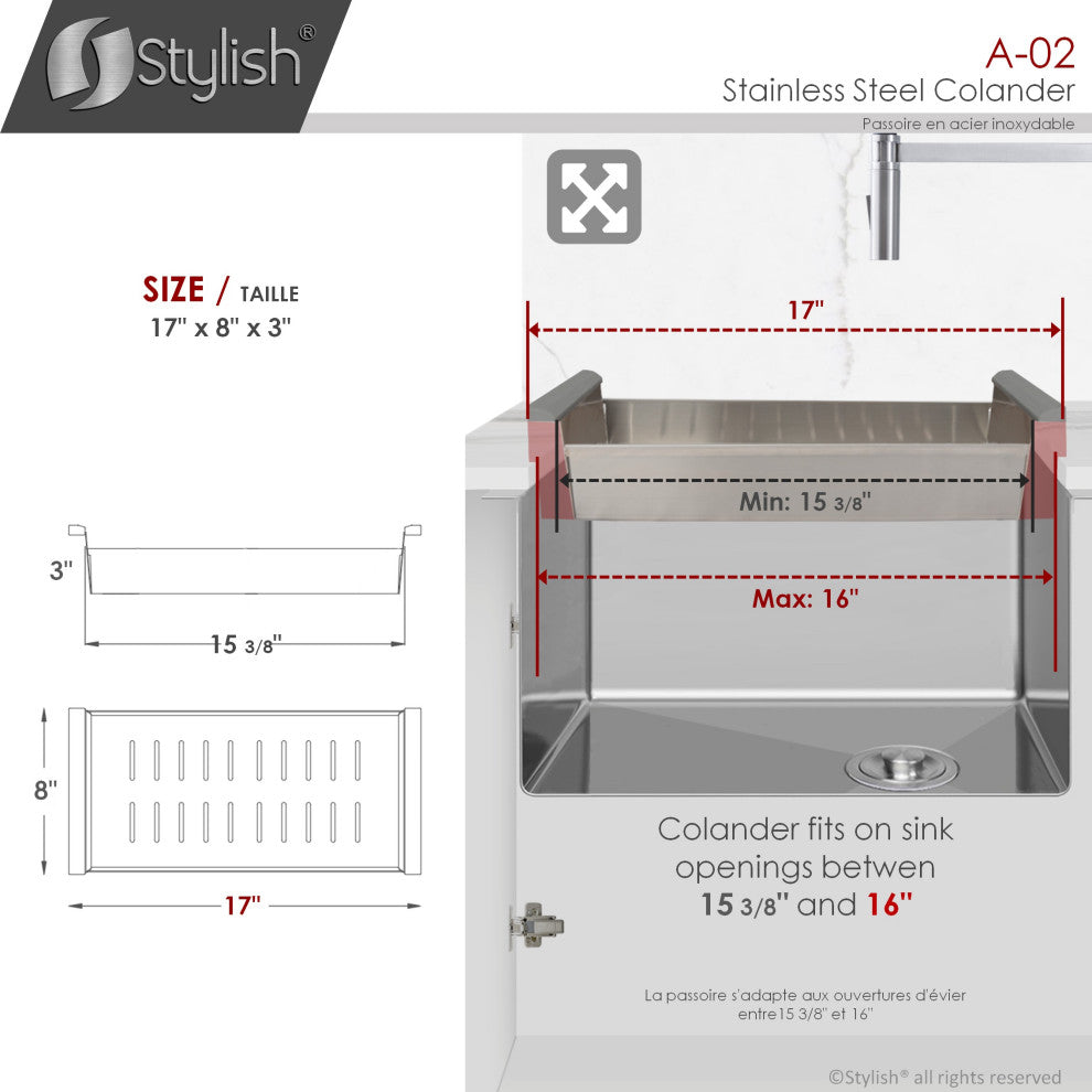 STYLISH Stainless Steel Over the Sink Colander for 16" Sink Opening