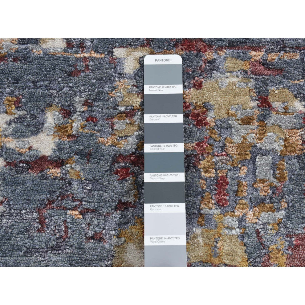 Thunder Gray Modern Abstract Wool and Silk Hand Knotted Runner Rug, 2'6"x10'