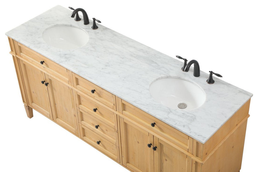 Home Living Vanity with Carrara White Marble Countertop, Natural Wood, 72", Double Sink
