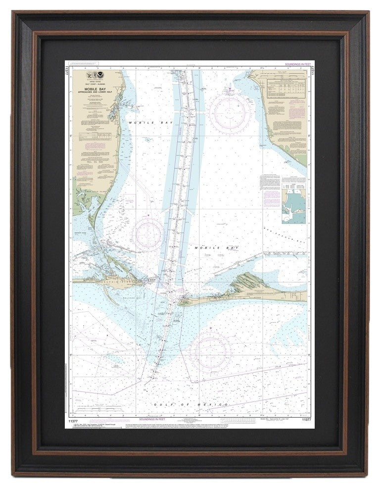 Nautical Chart, Mobile Bay Approaches and Lower Half, Framed