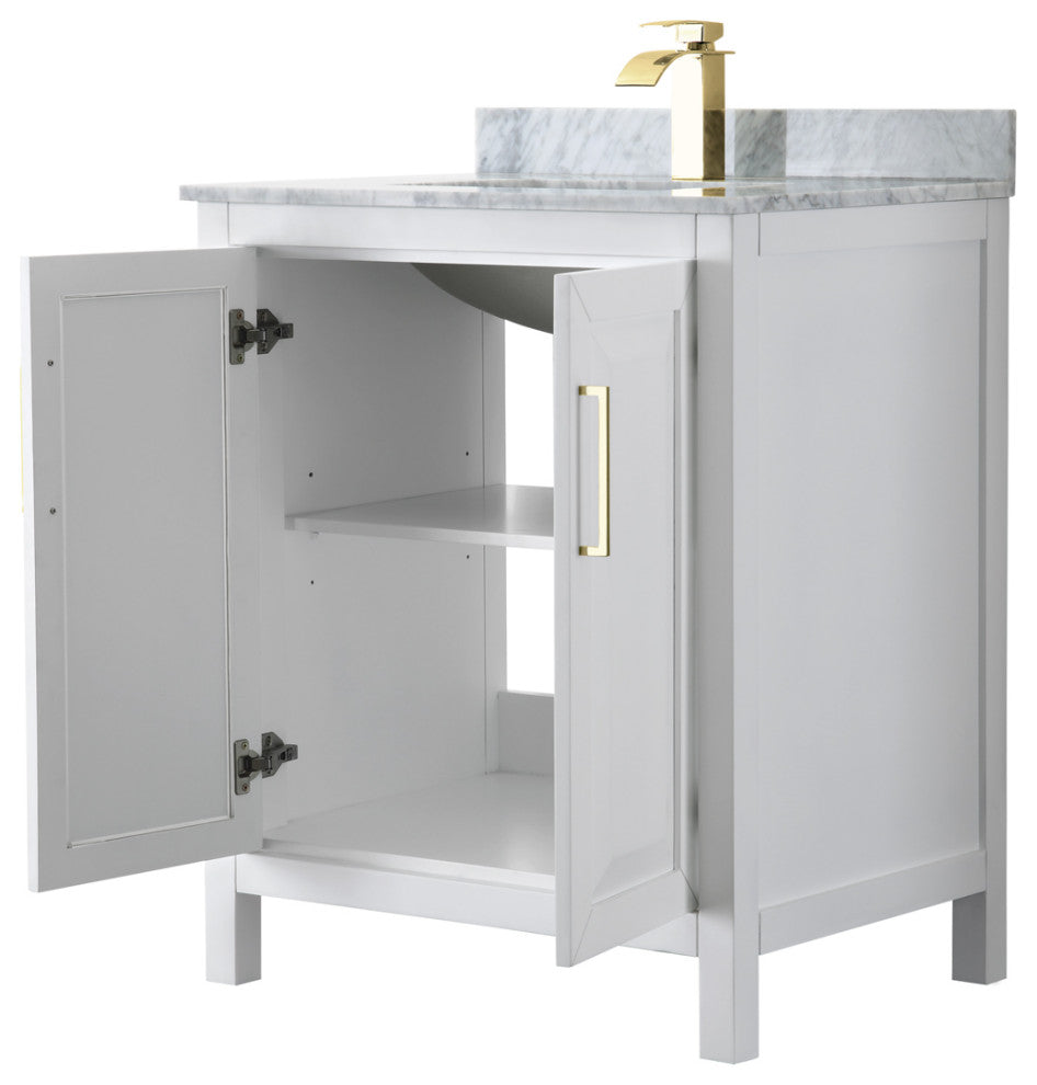 30" Single Bath Vanity, White, White Carrara Countertop, Sink, Gold Trim