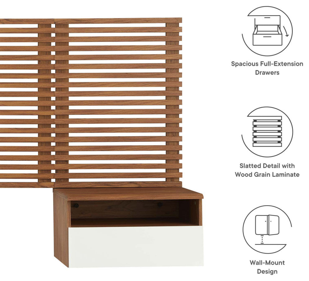 Render Wall Mount King Headboard and Modern Nightstands, Walnut