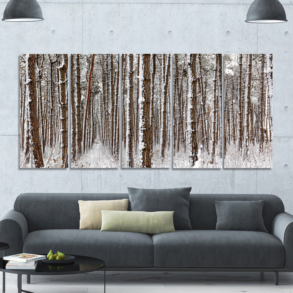 Dense Pine Forest in Winter, Landscape Canvas Art Print, 60"x28", 5 Panels
