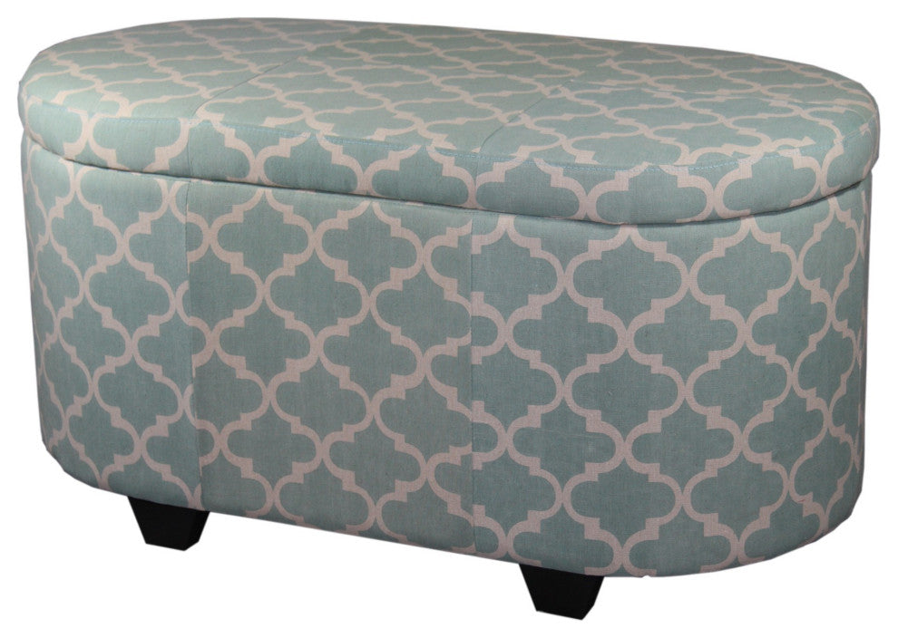 Teal and Cream Quatrefoil Oval Storage Bench