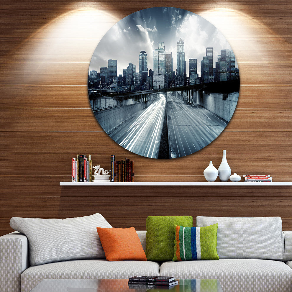 City With Blue Tint, Cityscape Disc Metal Wall Art, 36"