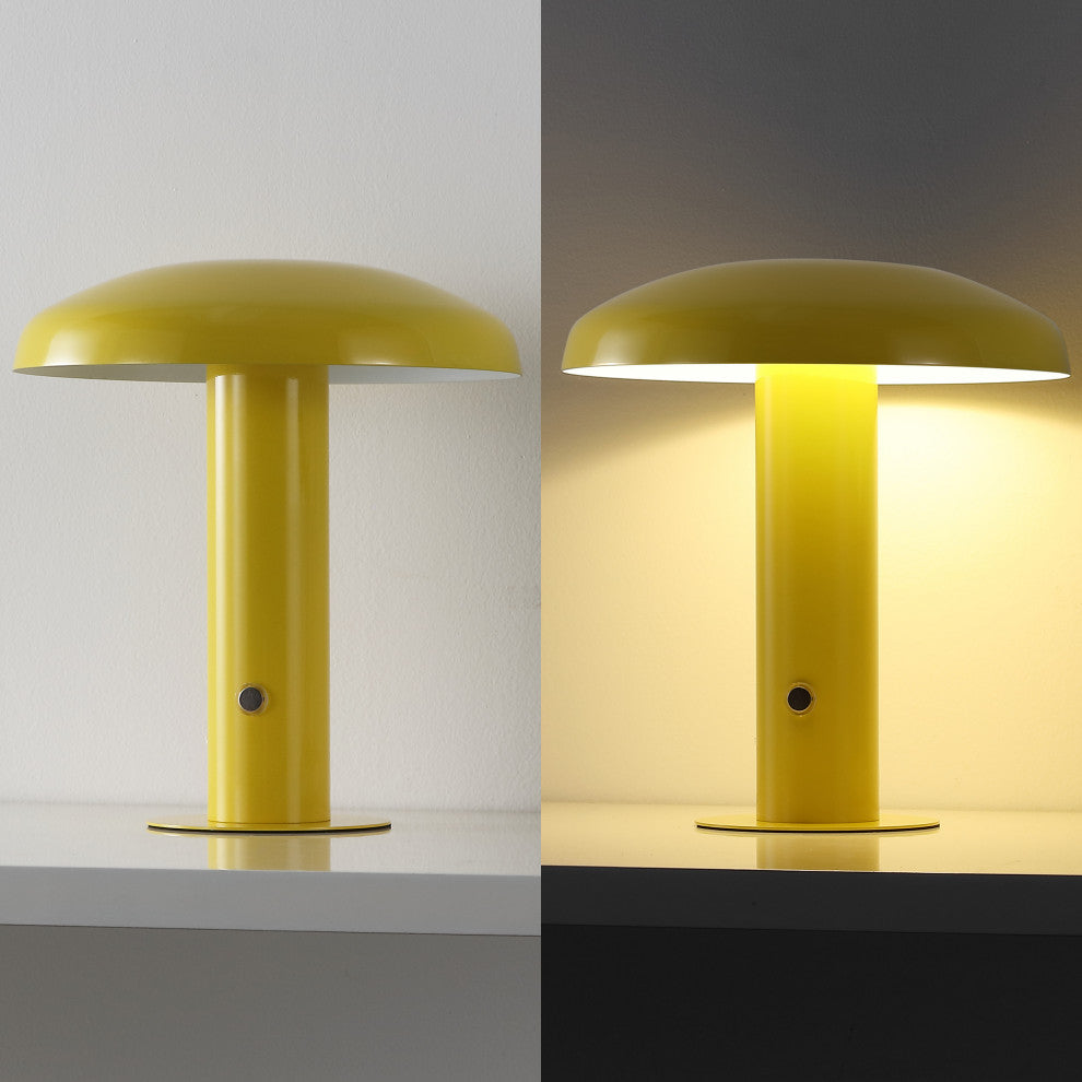 Suillius 11" Rechargeable/Cordless Iron Integrated Mushroom Table Lamp, Yellow