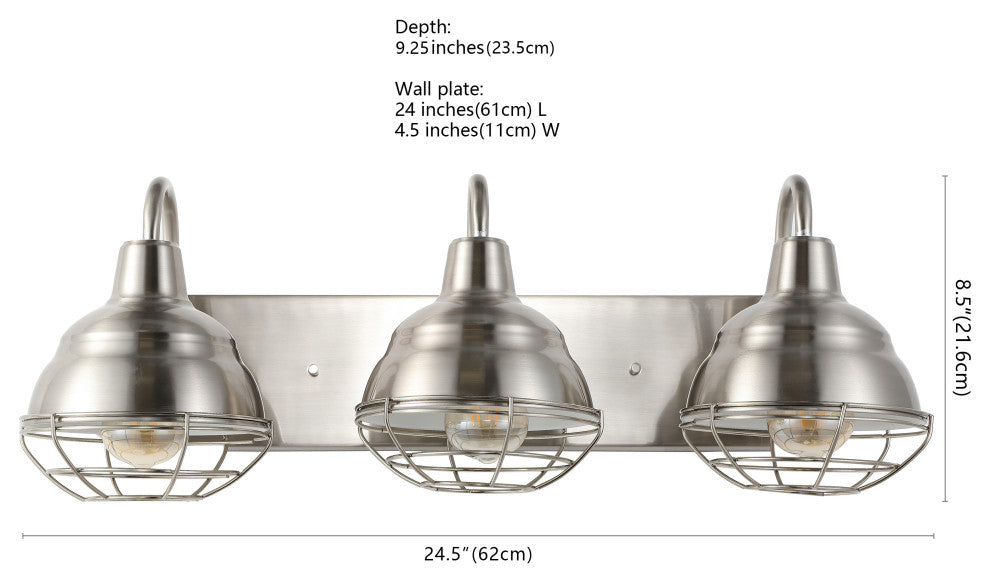 Levi 24.5" 3-Light Industrial Farmhouse Iron LED Vanity, Nickel