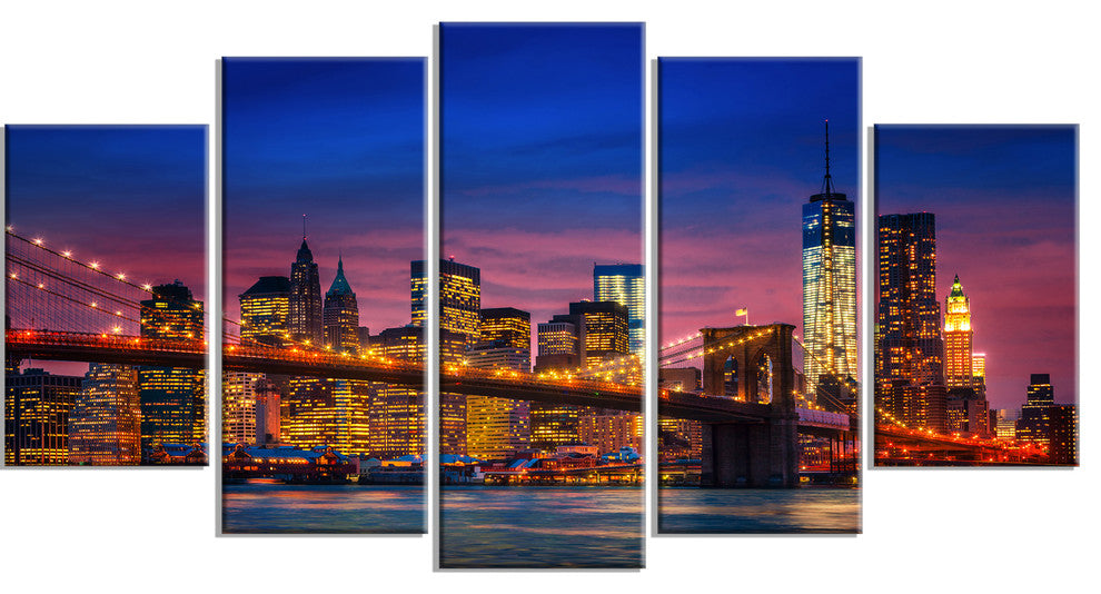 Manhattan with Lights and Reflections, Blue, Canvas Print, 60"x32", 5 Panels