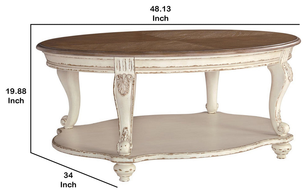 Benzara BM227591 Two Tone Oval Cocktail Table, Bottom Shelf, Antique White/Brown