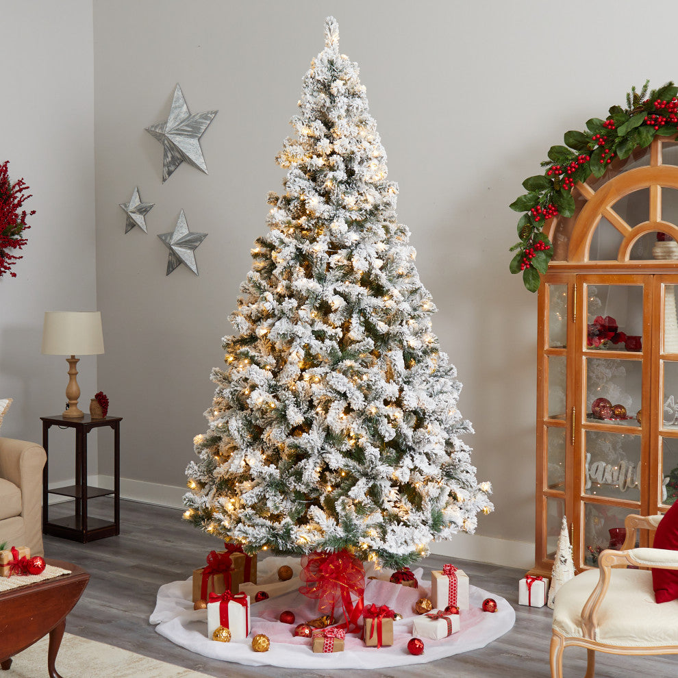 10' Flocked West Virginia Fir Faux Xmas Tree W/ 800 Clear LED Lights & 1680 Tips