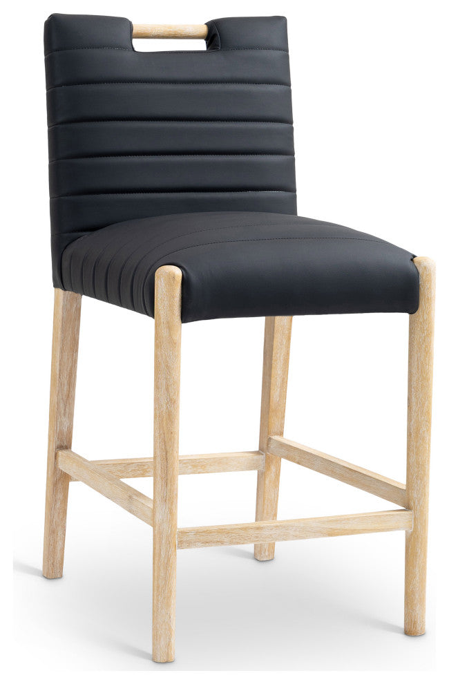Aimee Upholstered Counter Stool, Black, Vegan Leather, Natural Oak Finish