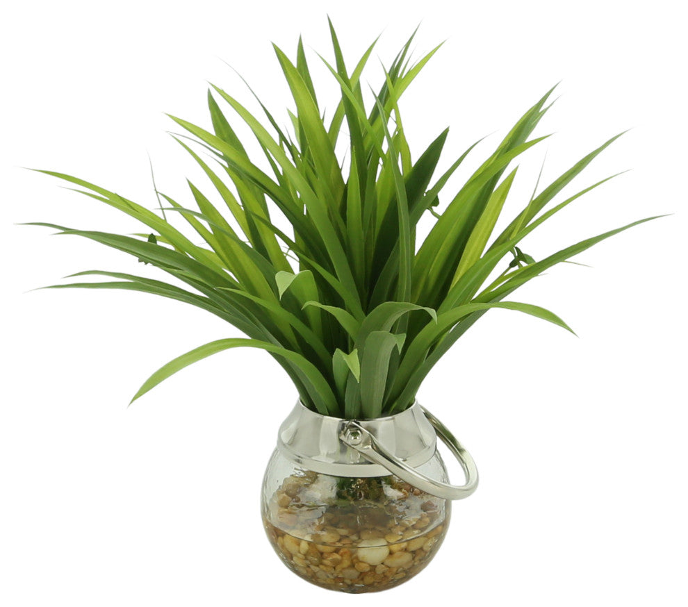 Grass Leaf Plant in Glass Vase with Rocks